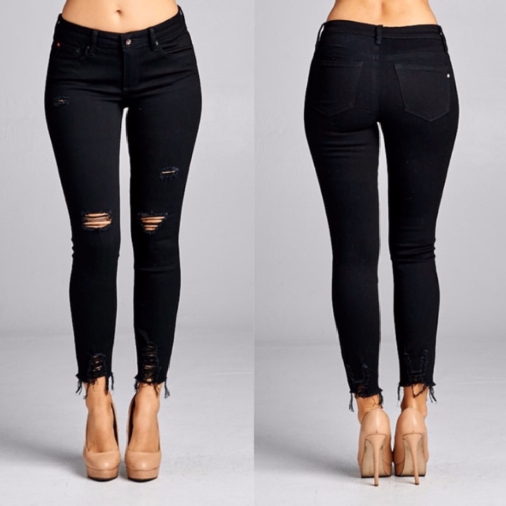 CAROLINE Distressed Skinny Jeans - BLACK - Picture 1 of 2